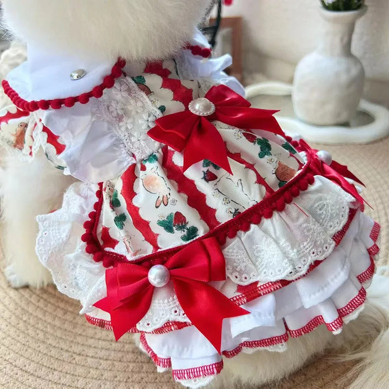 Rabbit skirt princess style dog costume made from polyester fabric on a small dog.