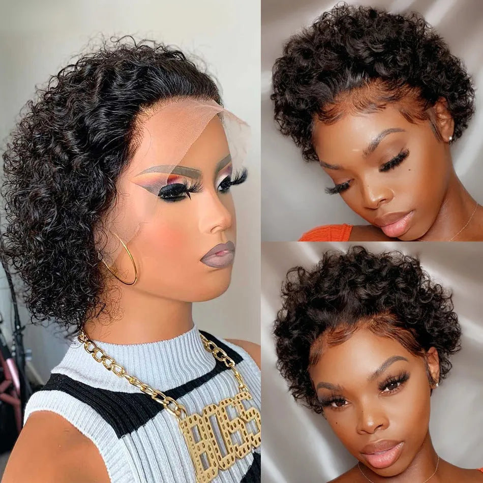 Ladies human hair wig with black lace front hair cover showing natural styling