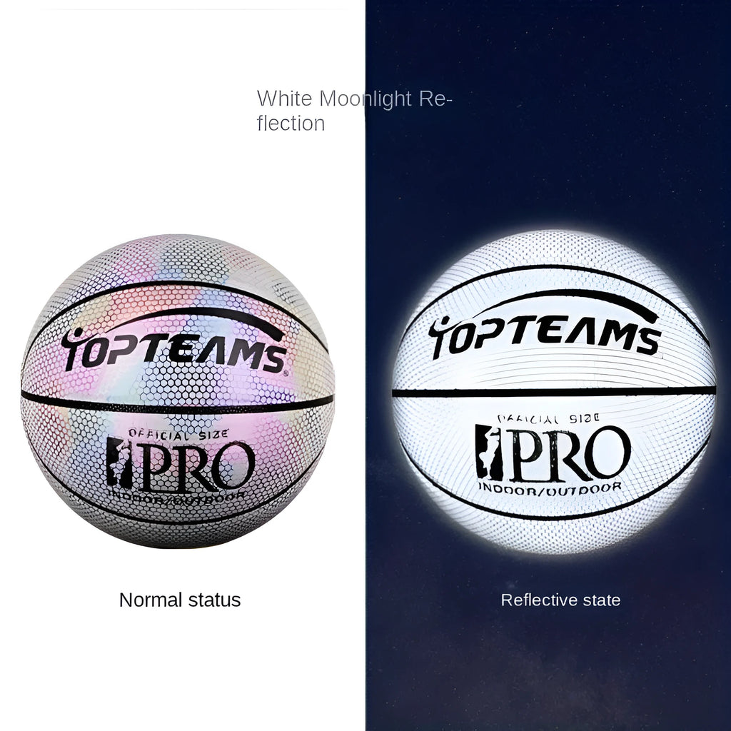 Holographic reflective basketball with fluorescent coating showing size 7 dimensions and wear-resistant PU surface