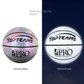 Holographic reflective basketball with fluorescent coating showing size 7 dimensions and wear-resistant PU surface