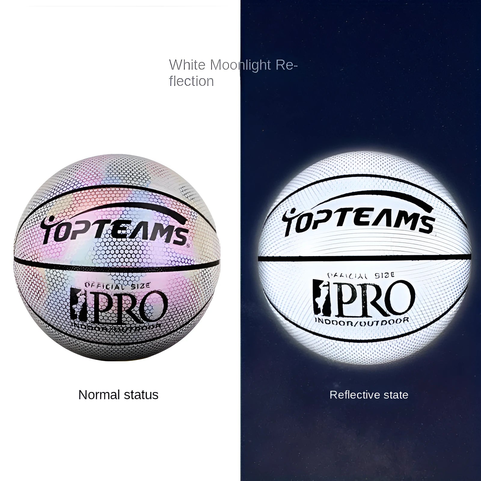 Holographic reflective basketball with fluorescent coating showing size 7 dimensions and wear-resistant PU surface