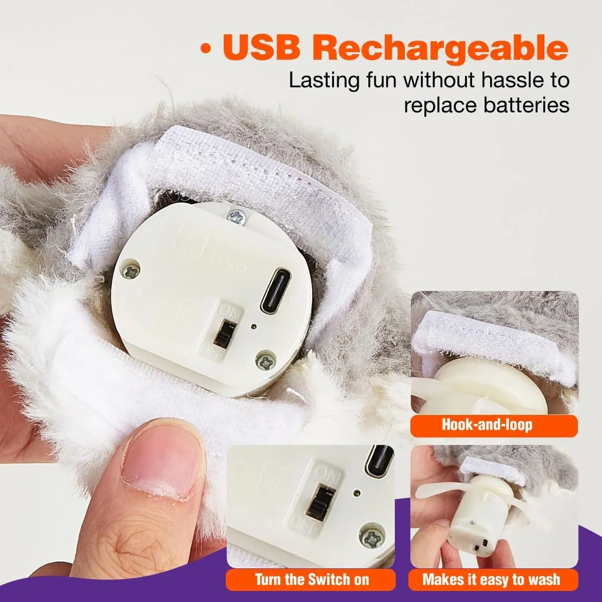 Grey automatic chirping owl cat toy with beating wings on a floor.