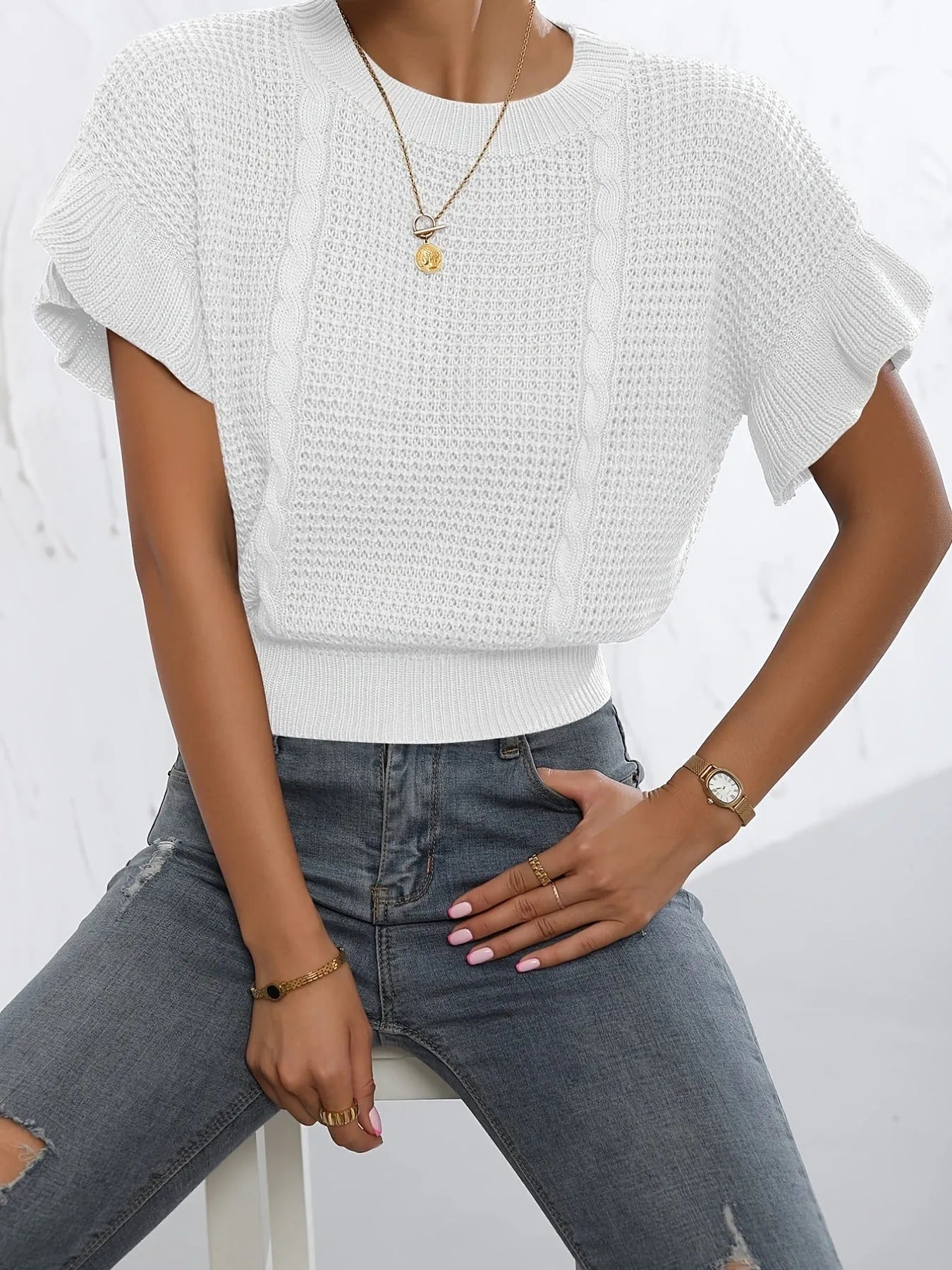 White knitted pullover sweater with ruffled short sleeves and twisted string 3D pattern texture