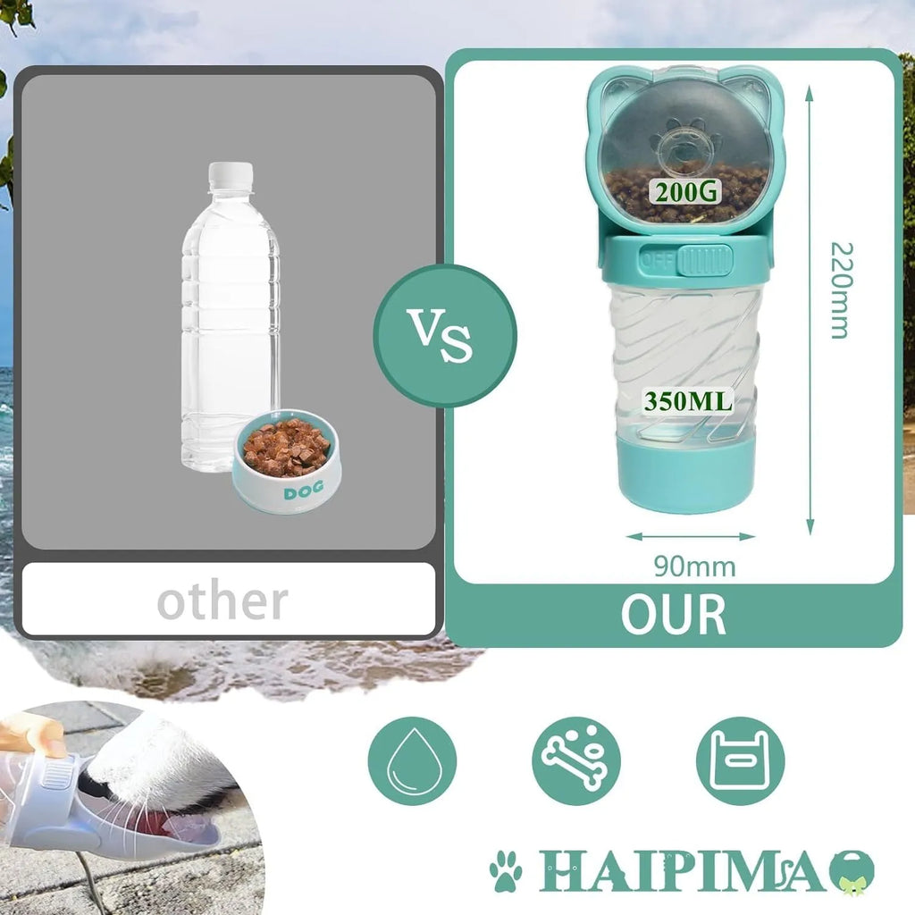 Green 3-in-1 pet water bottle with food container top and waste bag dispenser base, held by hand strap.