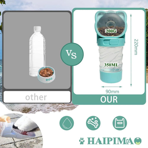 Green 3-in-1 pet water bottle with food container top and waste bag dispenser base, held by hand strap.