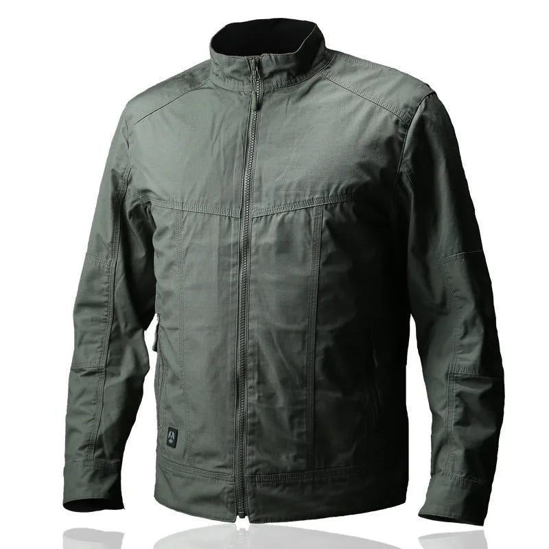 Men's brown tactical assassin jacket with camouflage pattern and multiple pockets.