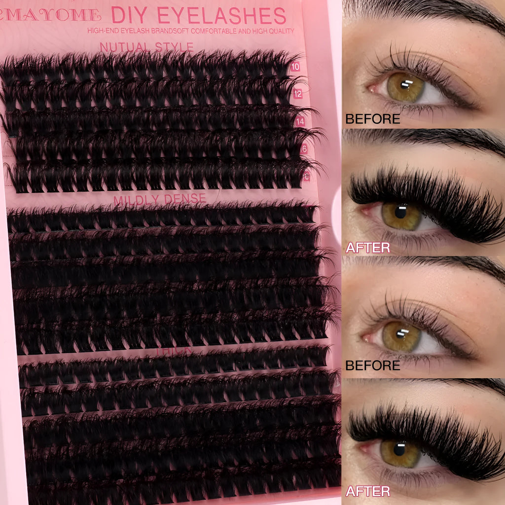 DIY false eyelash extension kit showing cluster lashes and metal eyelash tweezers on a clean background.