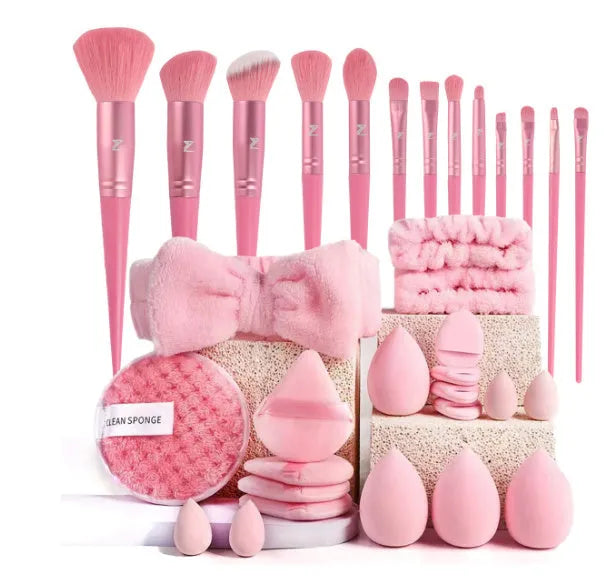 Beauty tools combination suit with hydrophilic non-latex sponge applicators in brown, pink and purple colours