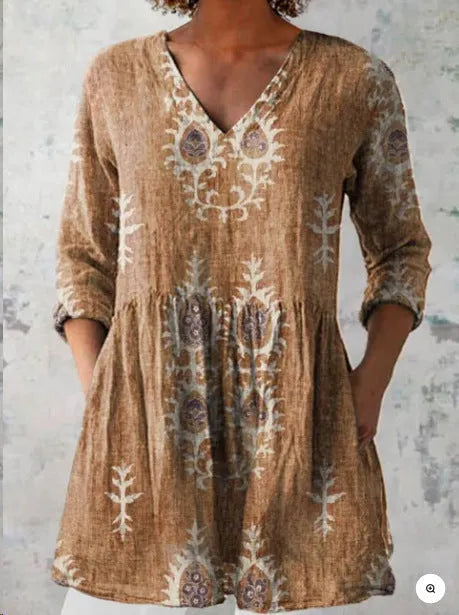 Women's printed loose wave dress with wide waist and three-quarter sleeves in a floral pattern.
