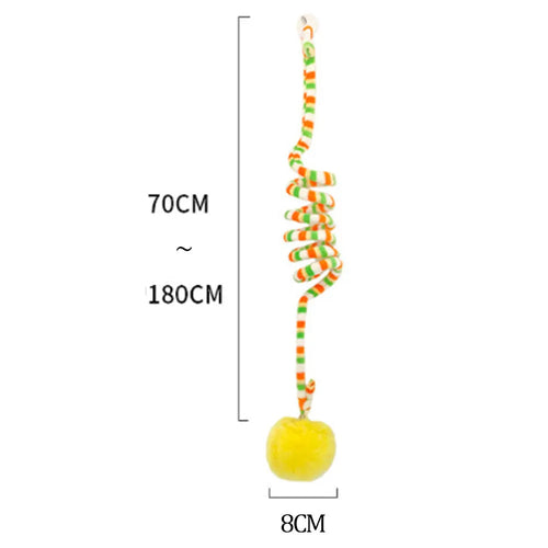 Cat toy with colourful inflatable bell ball on flexible wand and suction cup for door mounting