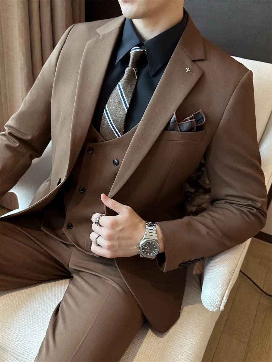 Men's slim fit business formal jacket and trousers in a dark green chemical fibre blend fabric.