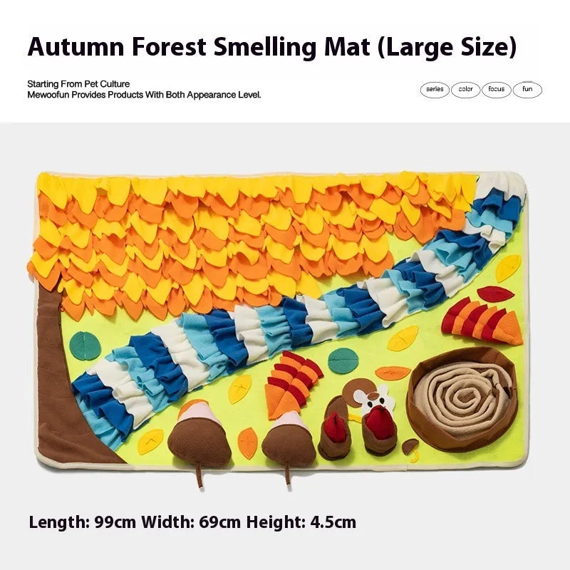 Fabric dog sniffing mat enrichment toy on a floor, Garden Camping theme.