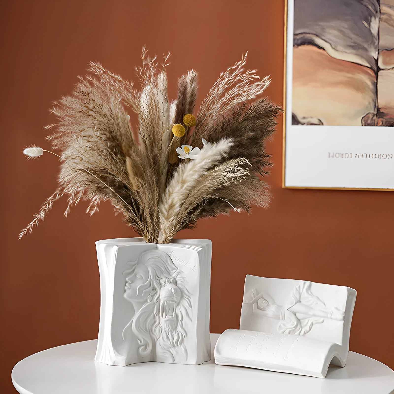 Glazed ceramic book stand sculpture in one of four modern styles: Lover, Dancer, Beauty and Beast, or Brushed Face.