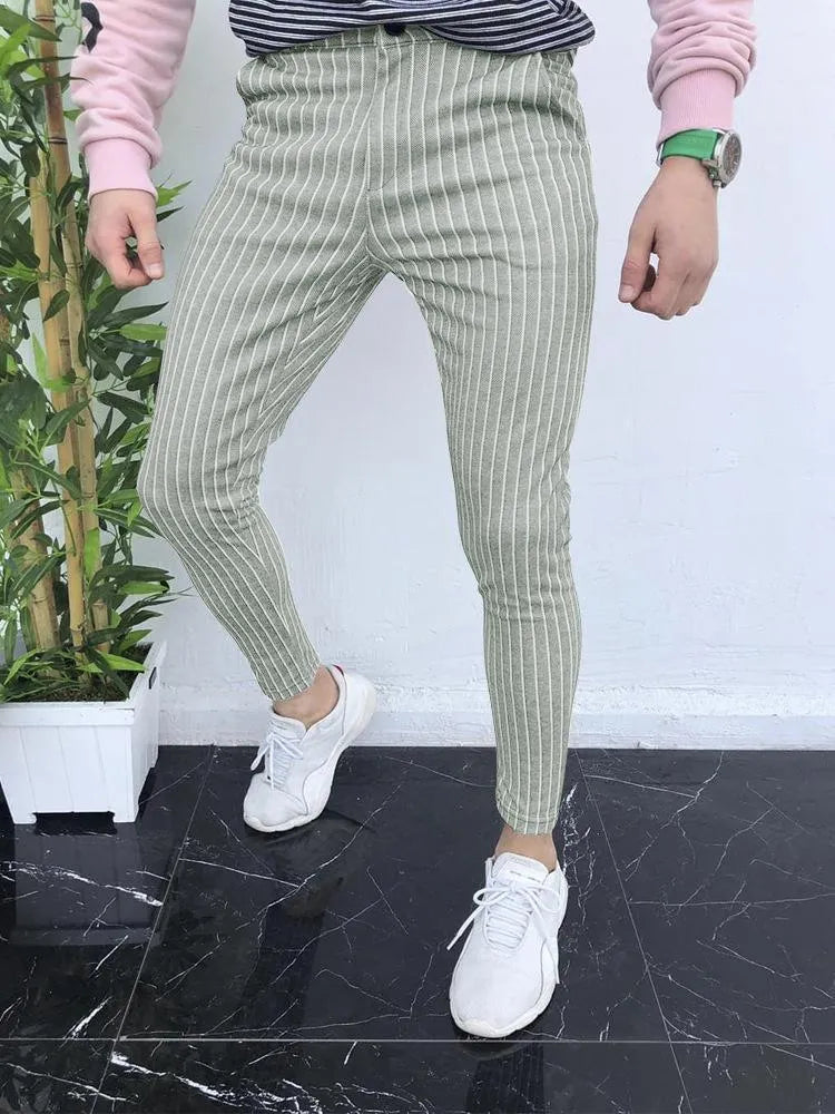 Men's slim-fit plaid casual trousers with 3D printed pattern and elastic waistband