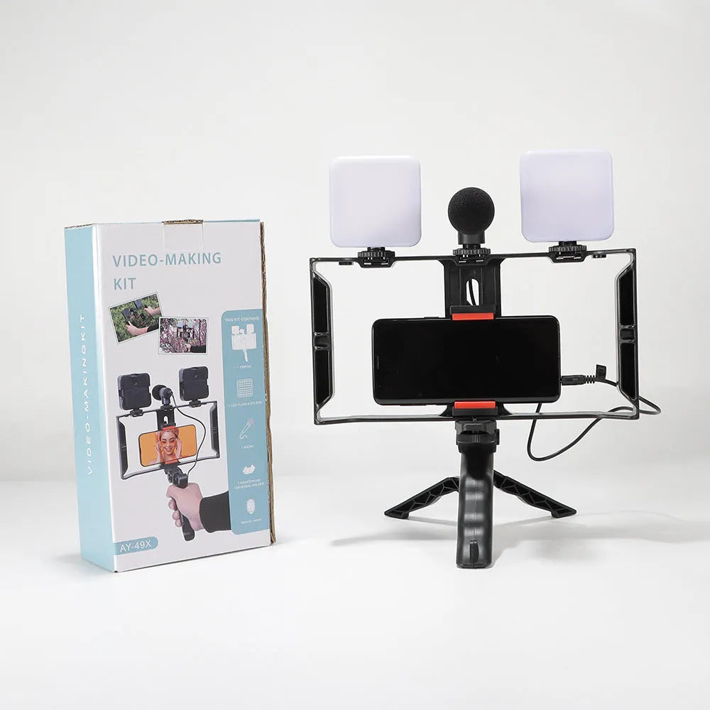 LED mini square universal camera flash on a pocket tripod, showing compact size and rotatable flash head.