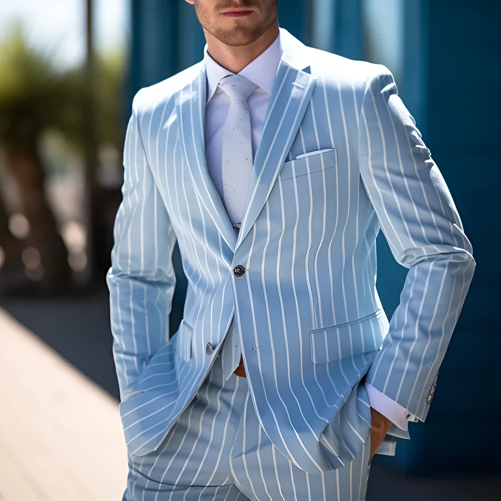 Men's British-style suit jacket with blue-white buttons and straight hem design