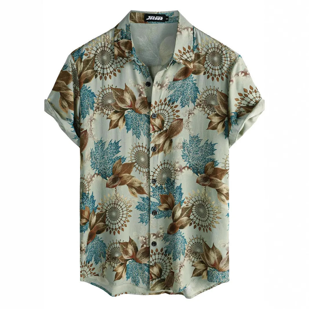 Man wearing a short sleeve Hawaiian floral print shirt with a lapel neckline, showcasing the digital print pattern.