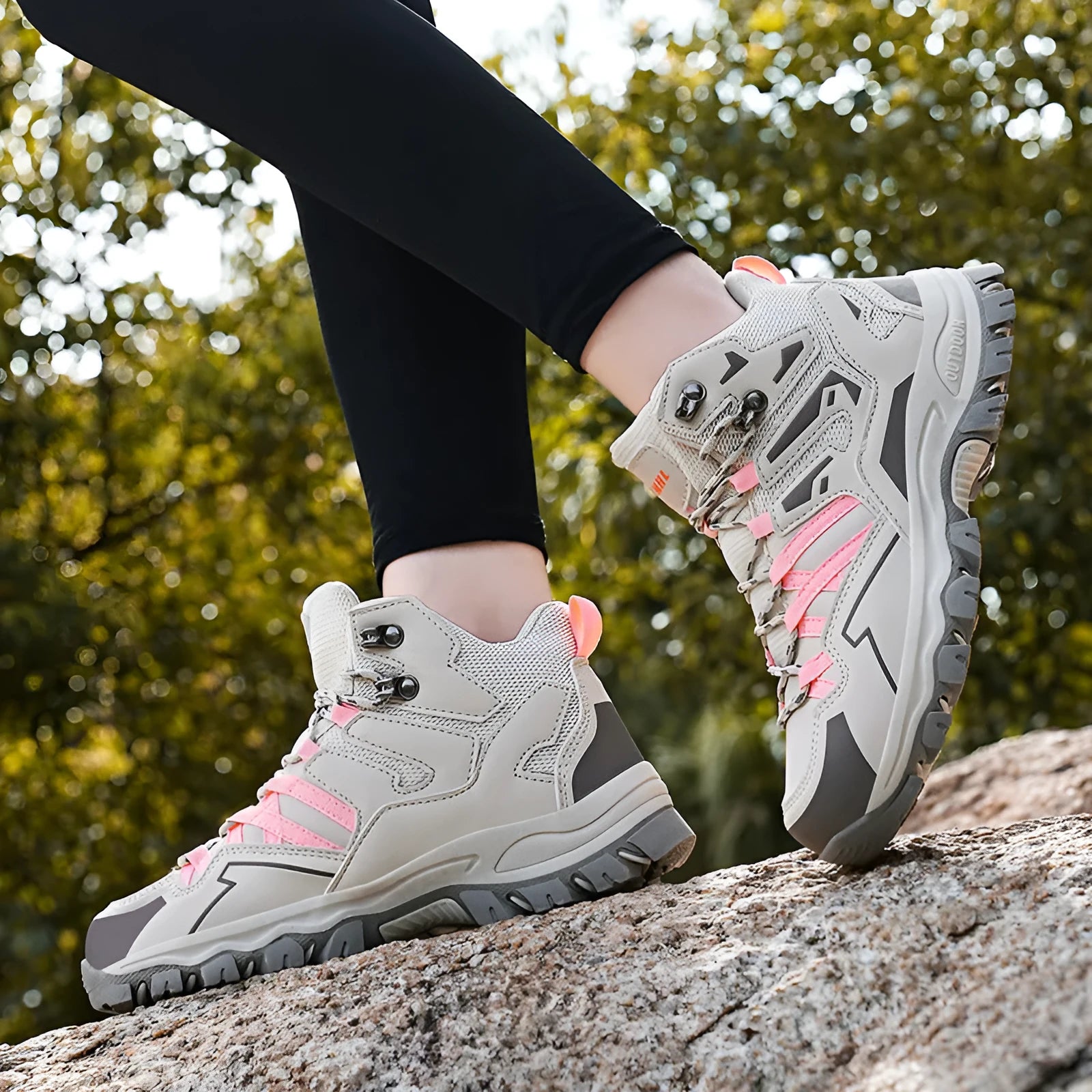 Same high-top hiking sneakers in light brown colour with front lace-up design and natural rubber outsole