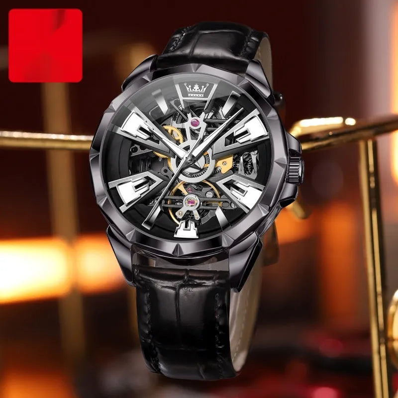 Men's automatic mechanical watch with hollow dial design on genuine leather strap