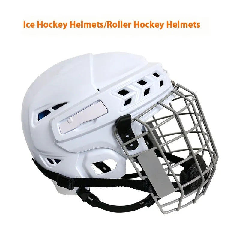 Ice hockey helmet with a carbon steel face mask shown in a size, featuring a hard white shell and cushioned black interior.