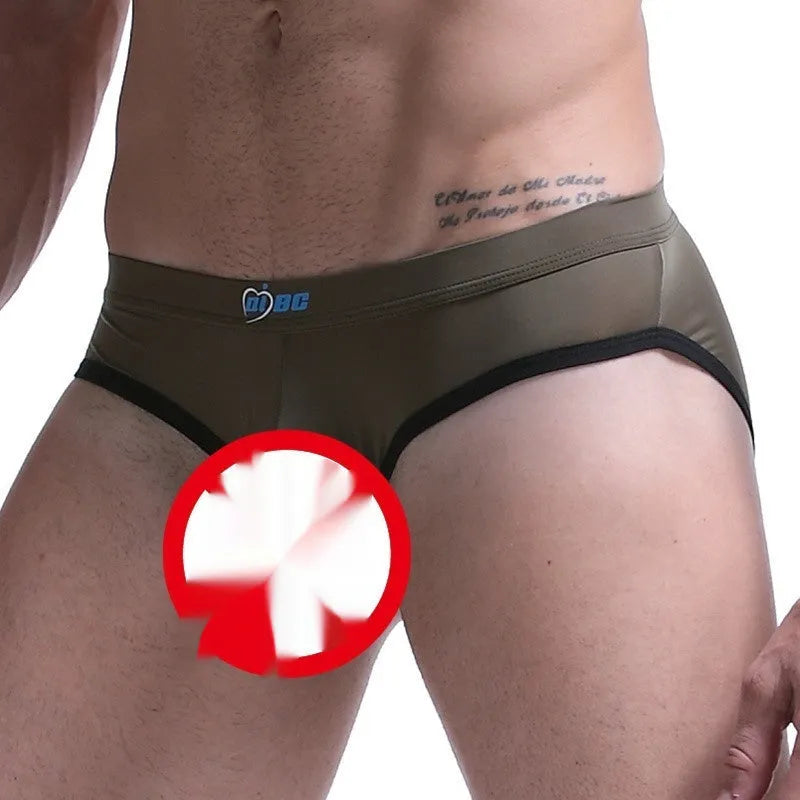 Men's mid-waist ice silk briefs in army green showing thin nylon fabric and bullet separation pouch design.
