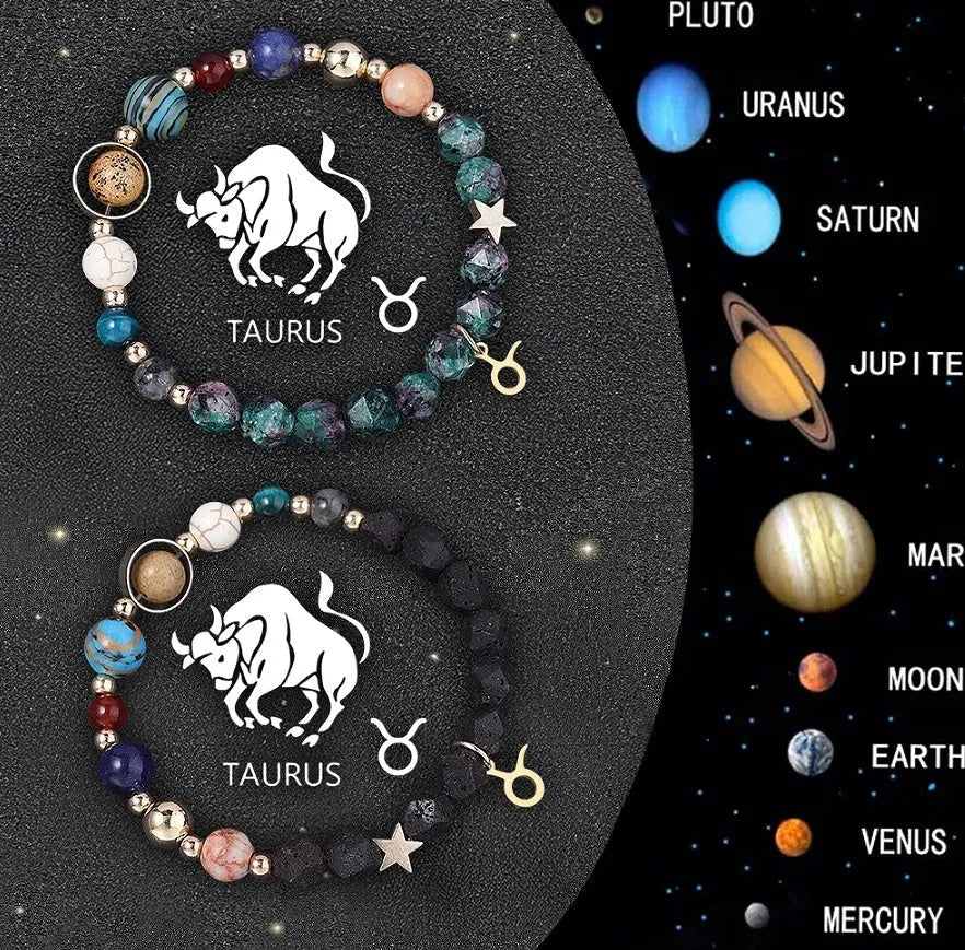 Set of two adjustable natural stone bracelets with zodiac sign charms on beige background