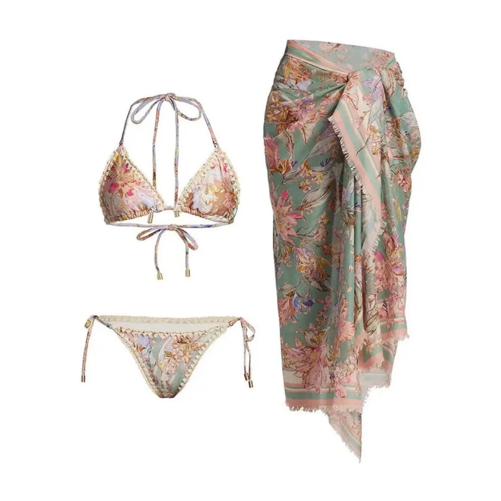 Women's floral bikini swimsuit set with removable skirt in creamy-white beige colour