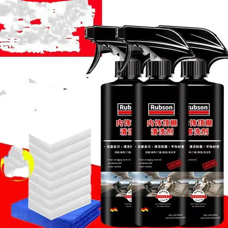 Wash free fabric roof foam cleaner kit with bottle, sponge wipes, and towel for interior vehicle ceiling cleaning