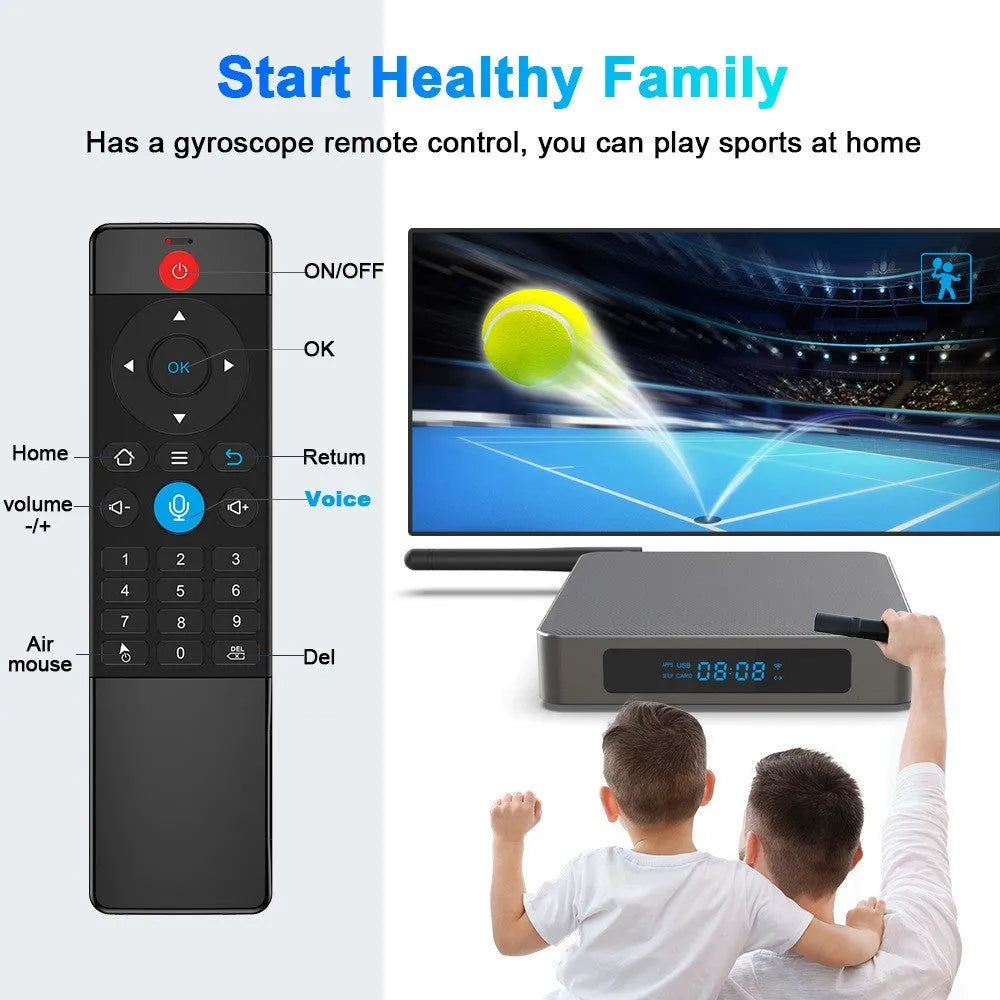 Android TV set-top box with remote control, HDMI cable, and power supply on a white background