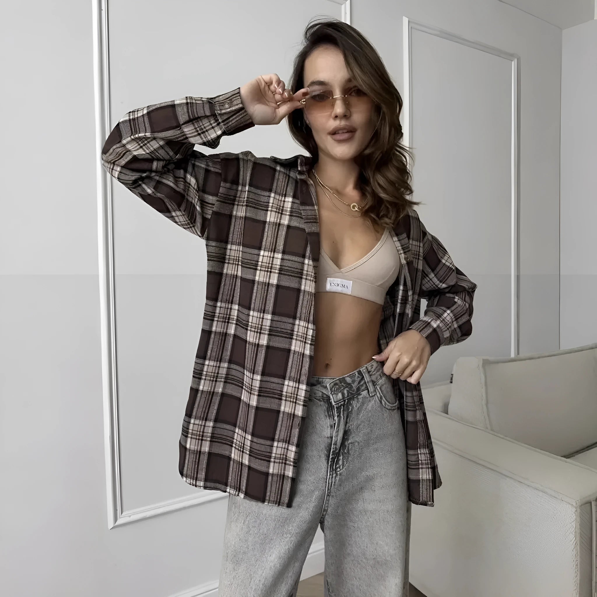 Dark brown retro striped women's shirt with long sleeves and V-neck collar