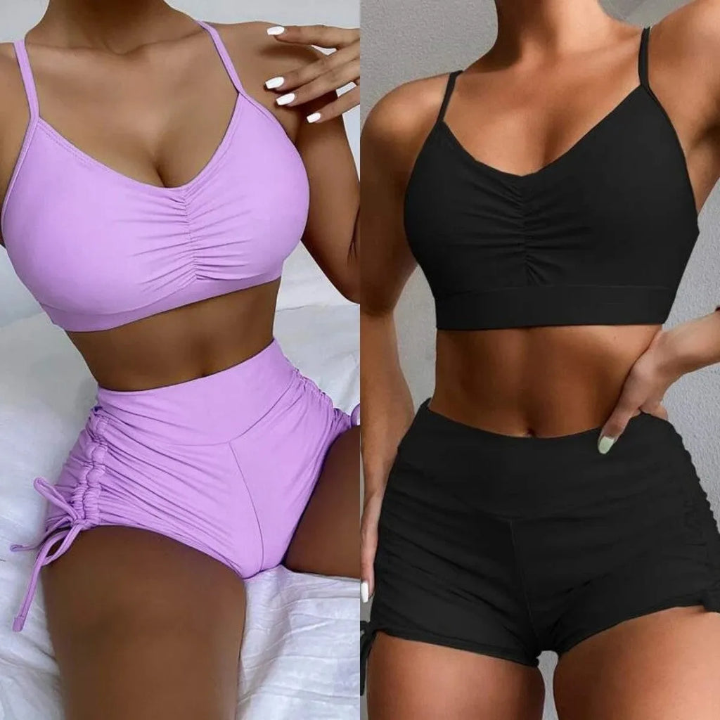 Women's high waist split swimsuit bikini in purple or black with sleeveless design