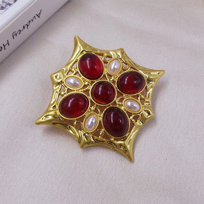 Medieval baroque cross crystal brooch in zinc alloy with antique styling