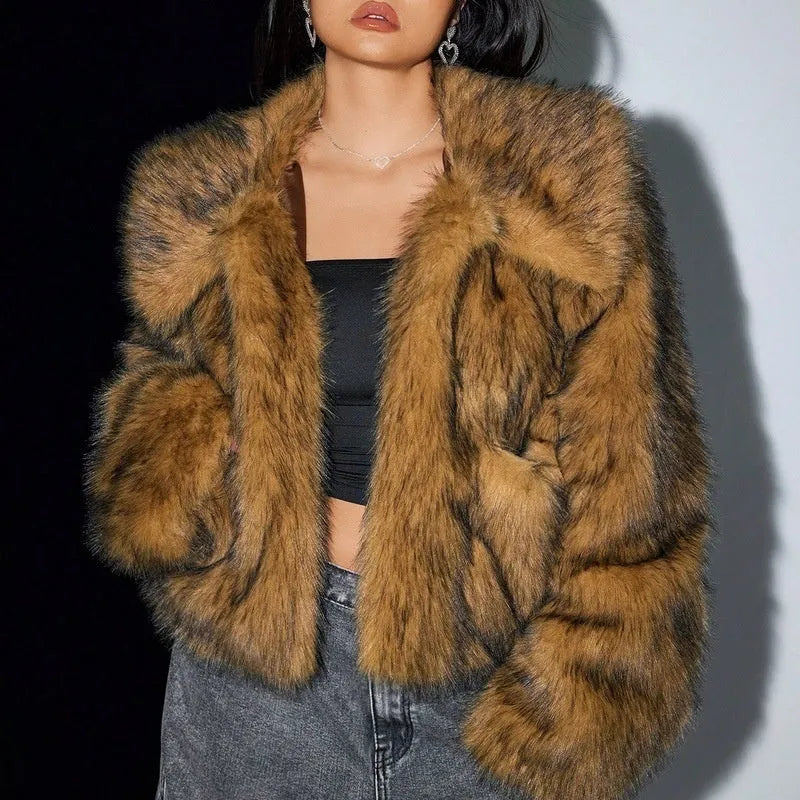Short-length artificial fur coat with a thick fur collar, shown in one of six available colour options.