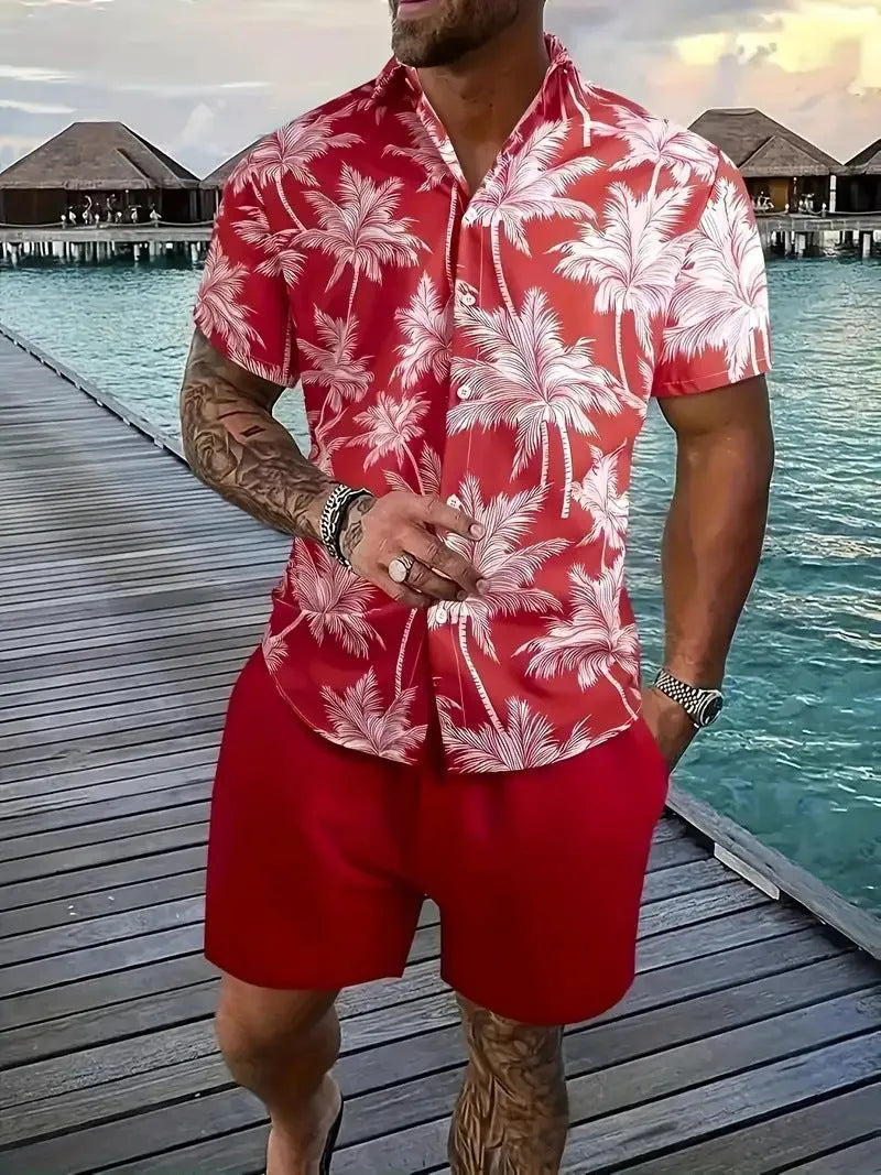 Man wearing a men's Hawaii-themed 3D printed short sleeve suit with matching shorts.