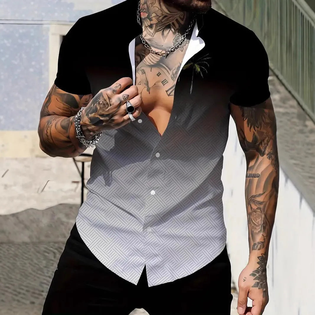 Men's geometric line print lapel short sleeve shirt in slim fit cardigan style