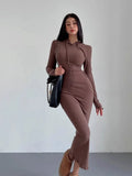 Women's grey polyester sheath dress with long sleeves and a high waist, knee-length.