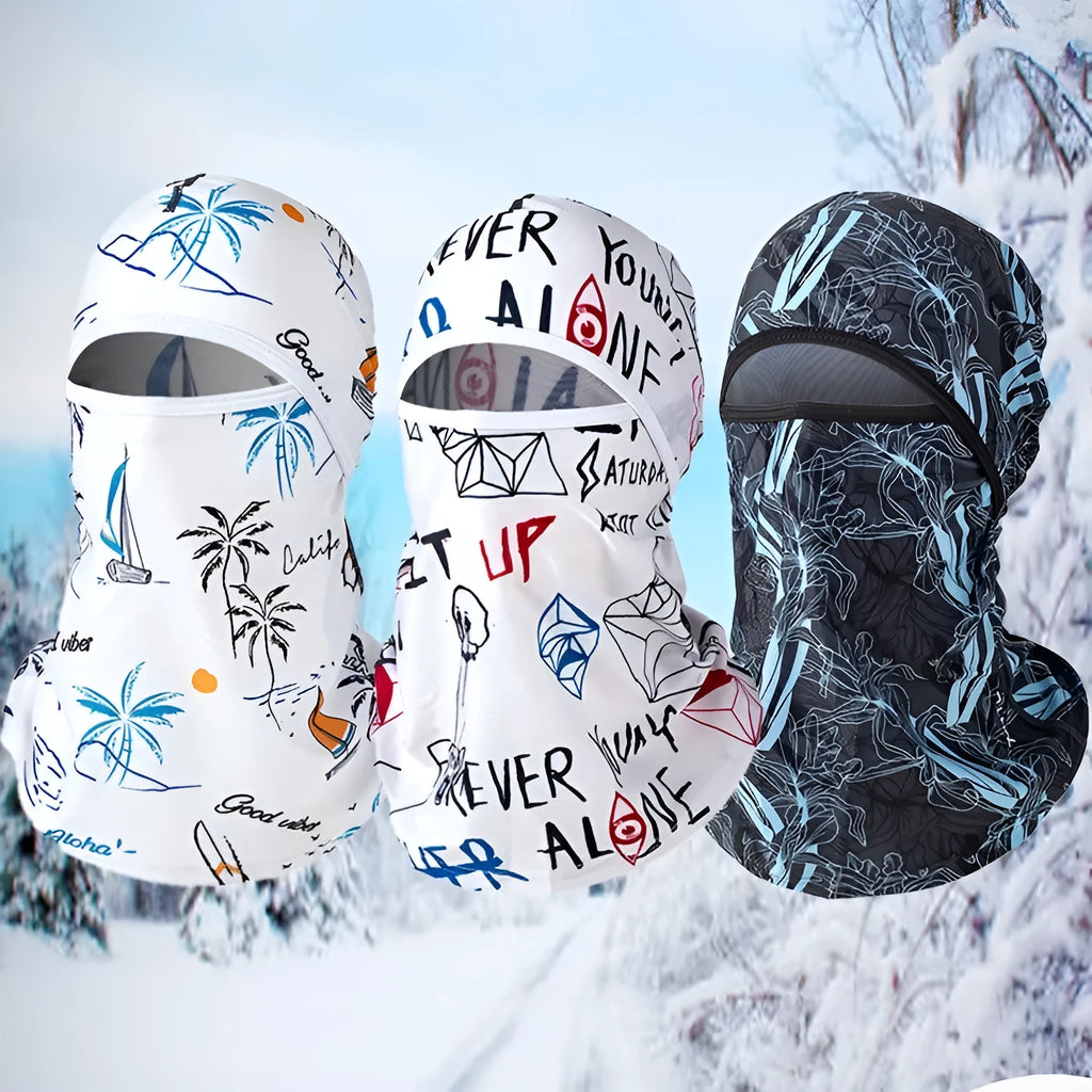 A cotton motorcycle head cover and gloves set for men and women, shown in a patterned colour.