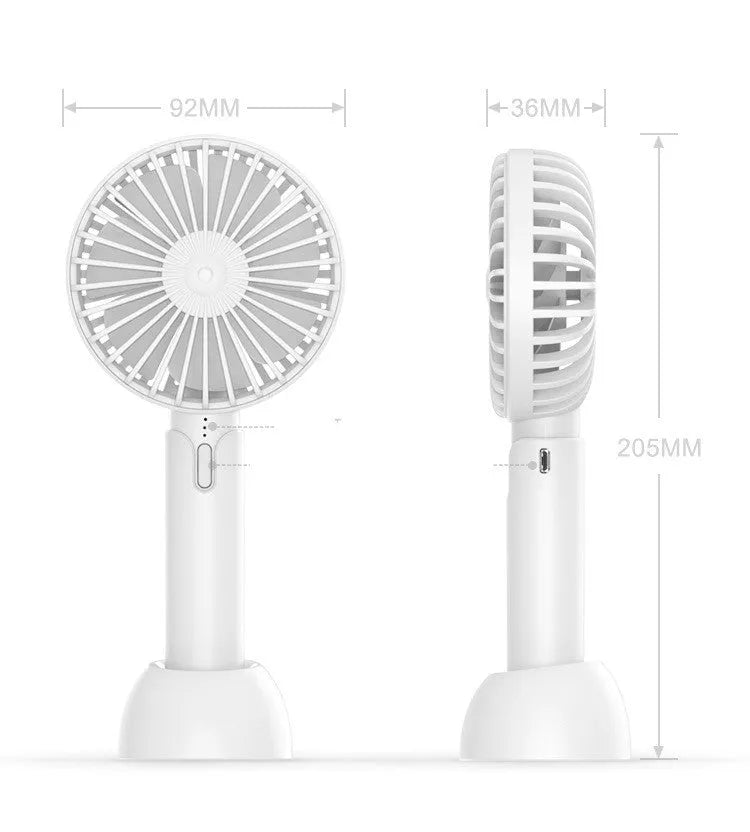 Blue mini handheld and desktop USB electric fan with oscillation on a table