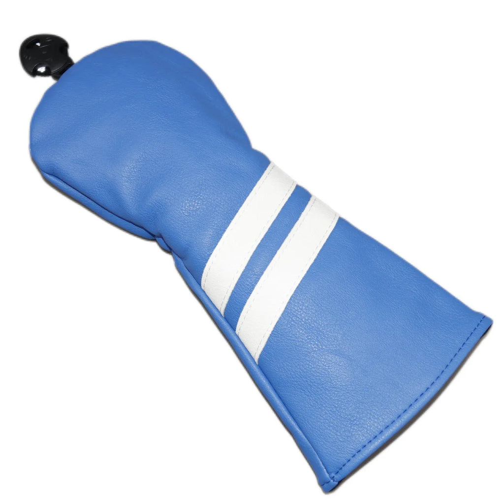 Oblique double stripe golf club head cover in PU material, shown in blue on a golf club.