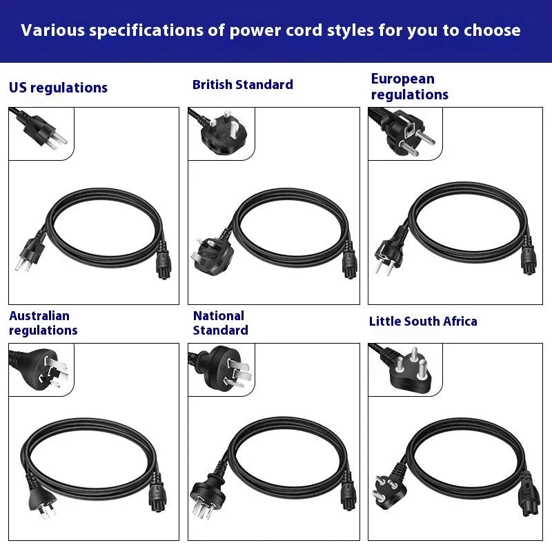 Black oval 65W USB-C laptop power adapter with Type-C port and multiple international power cords