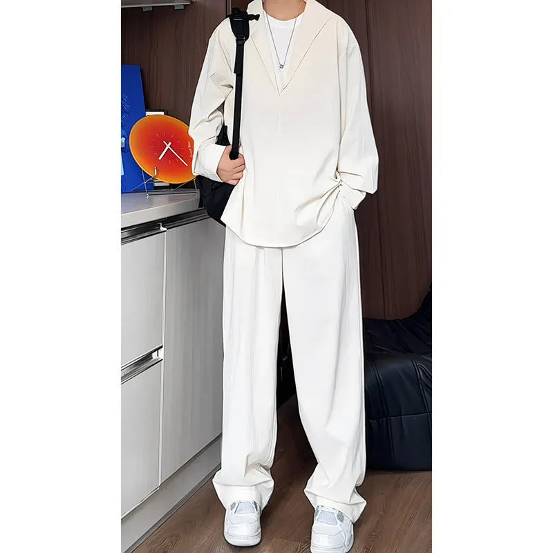 Men's black casual long sleeve polo shirt and trousers two-piece suit set in slim fit sports style