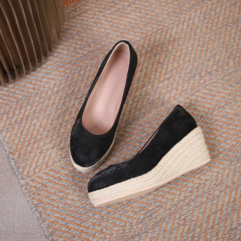 Apricot wedge high heel pumps with thick rope-detailed sole and shallow mouth opening