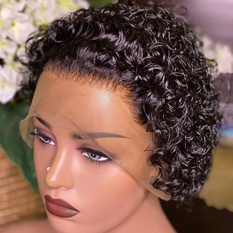 Ladies human hair wig with black lace front hair cover showing natural styling
