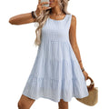 Women's loose sleeveless plaid dress with lining and swing skirt in light blue