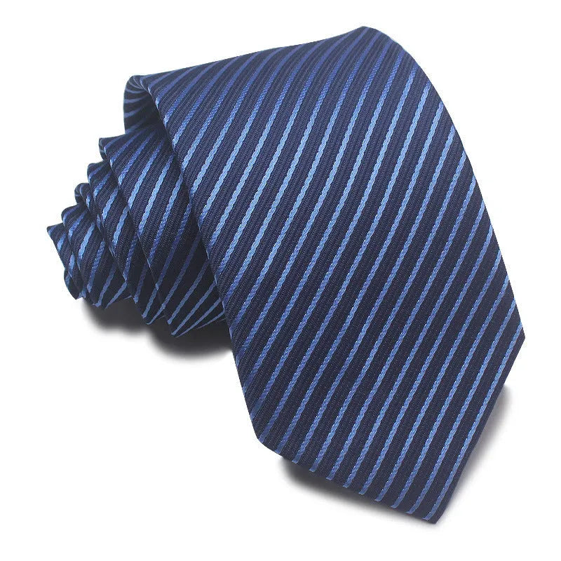 Men's red, black, and blue striped jacquard tie with an arrow shape and 8cm width.