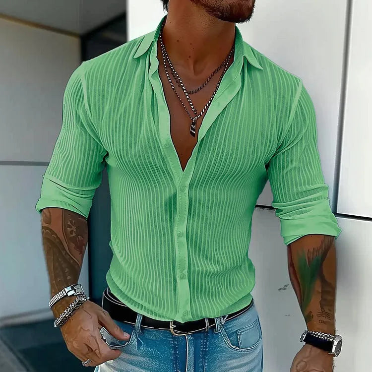 Men's striped long sleeve cardigan shirt in British style loose fit on hanger