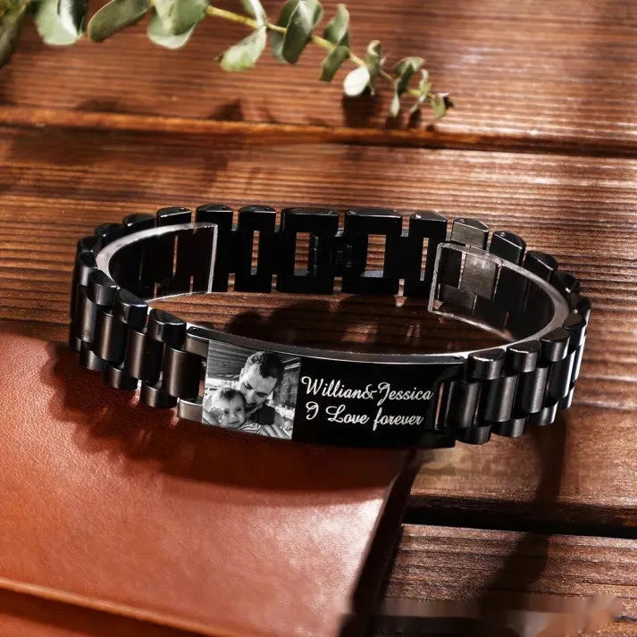 Men's unisex titanium steel bracelet with curved heart shape and black lettering