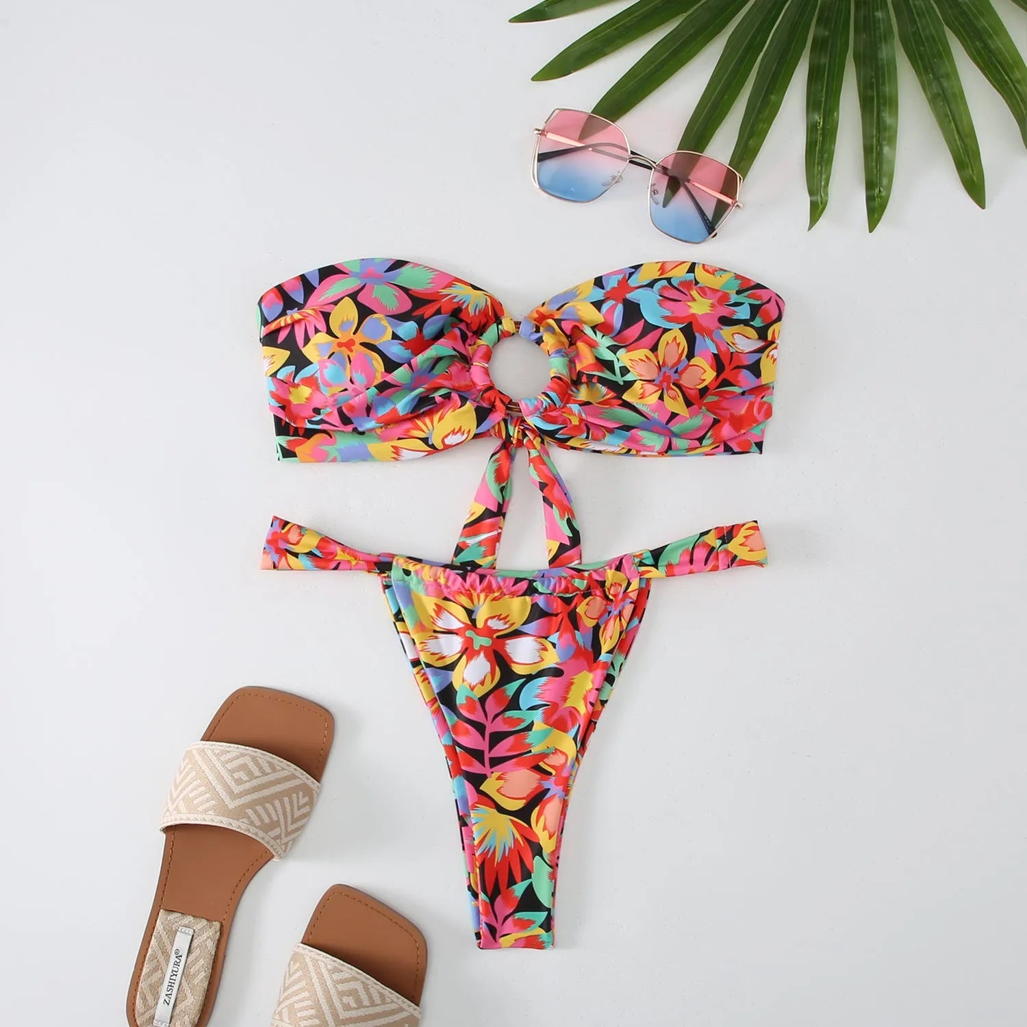 Women's floral printed tube top ring bikini swimsuit with briefs bottom