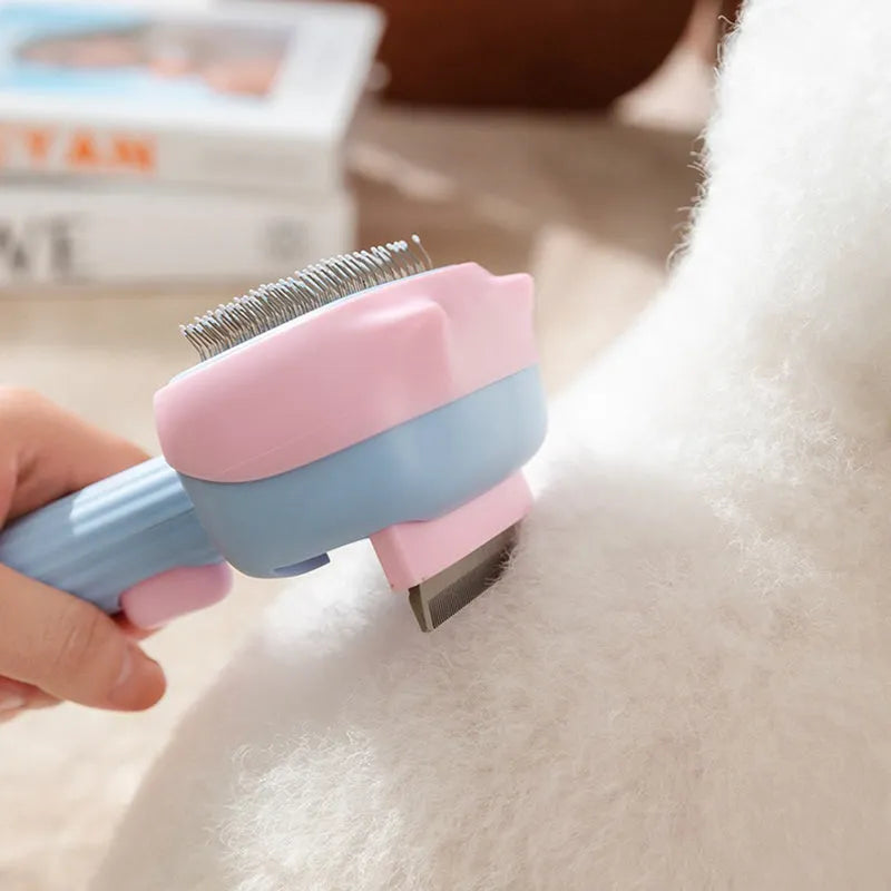 Red double-sided pet deshedding brush with dematting comb on a white background.