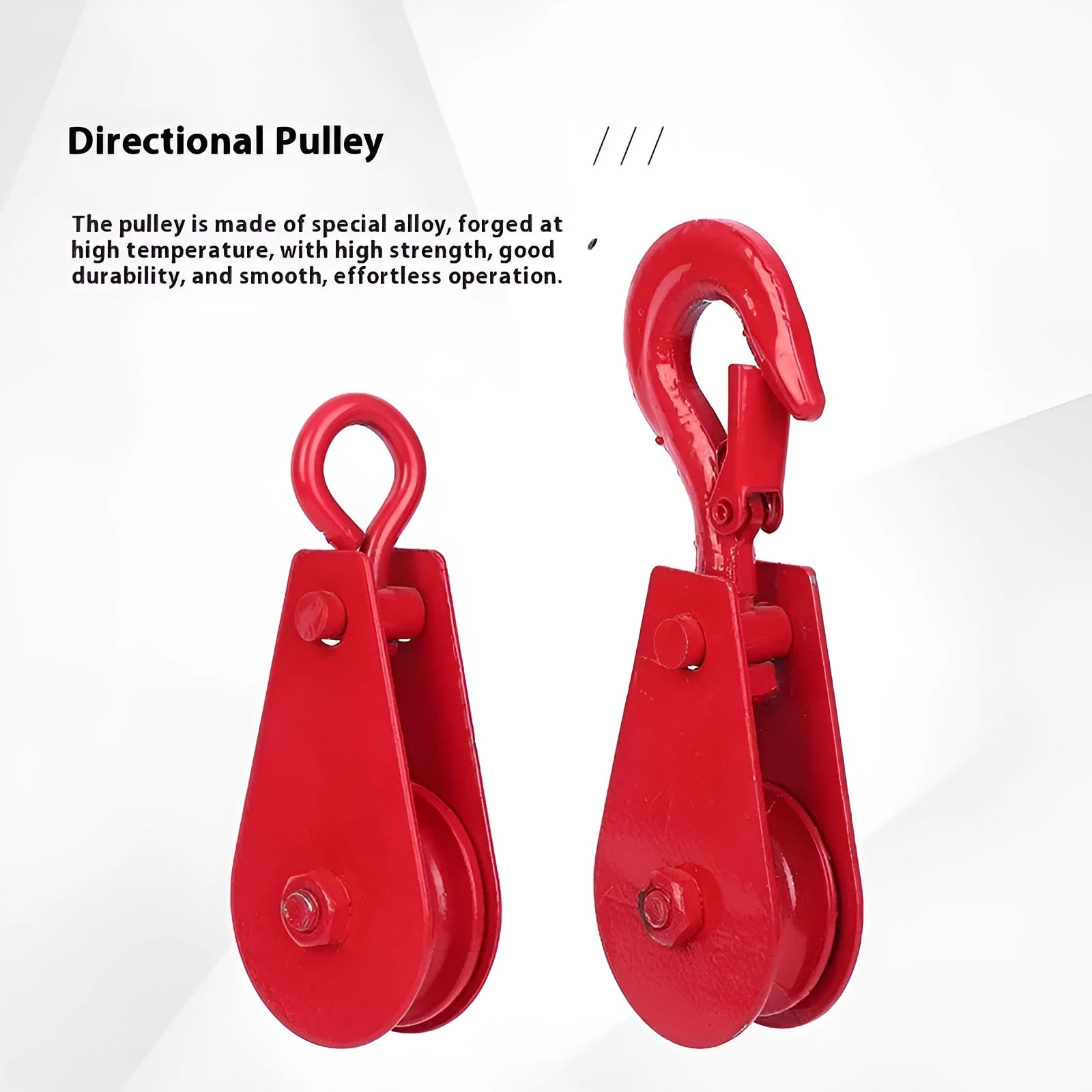 Red forged steel lifting pulley with a ring hook and safety latch for industrial general lifting applications.